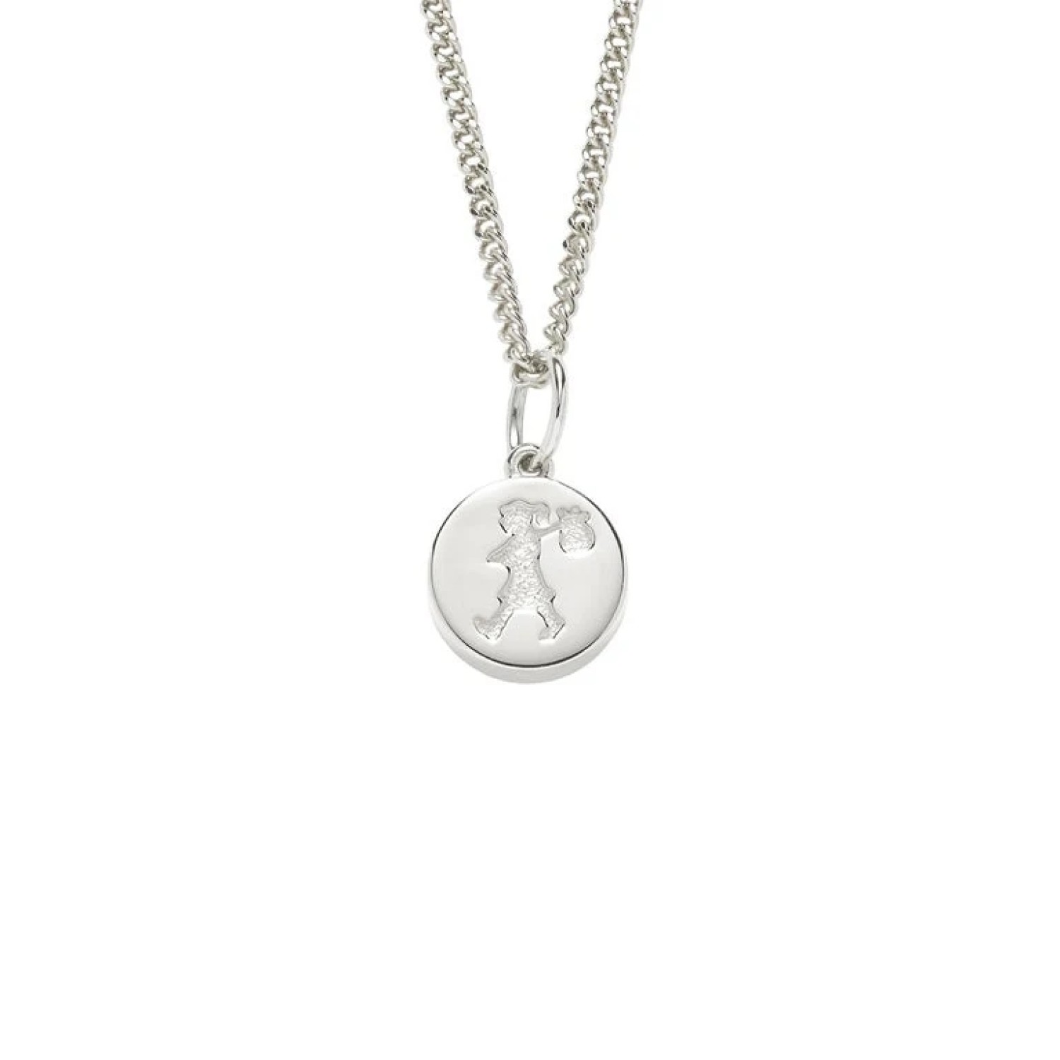 Karen Walker Runaway Stamp Necklace in sterling silver with debossed Runaway Girl disc pendant
