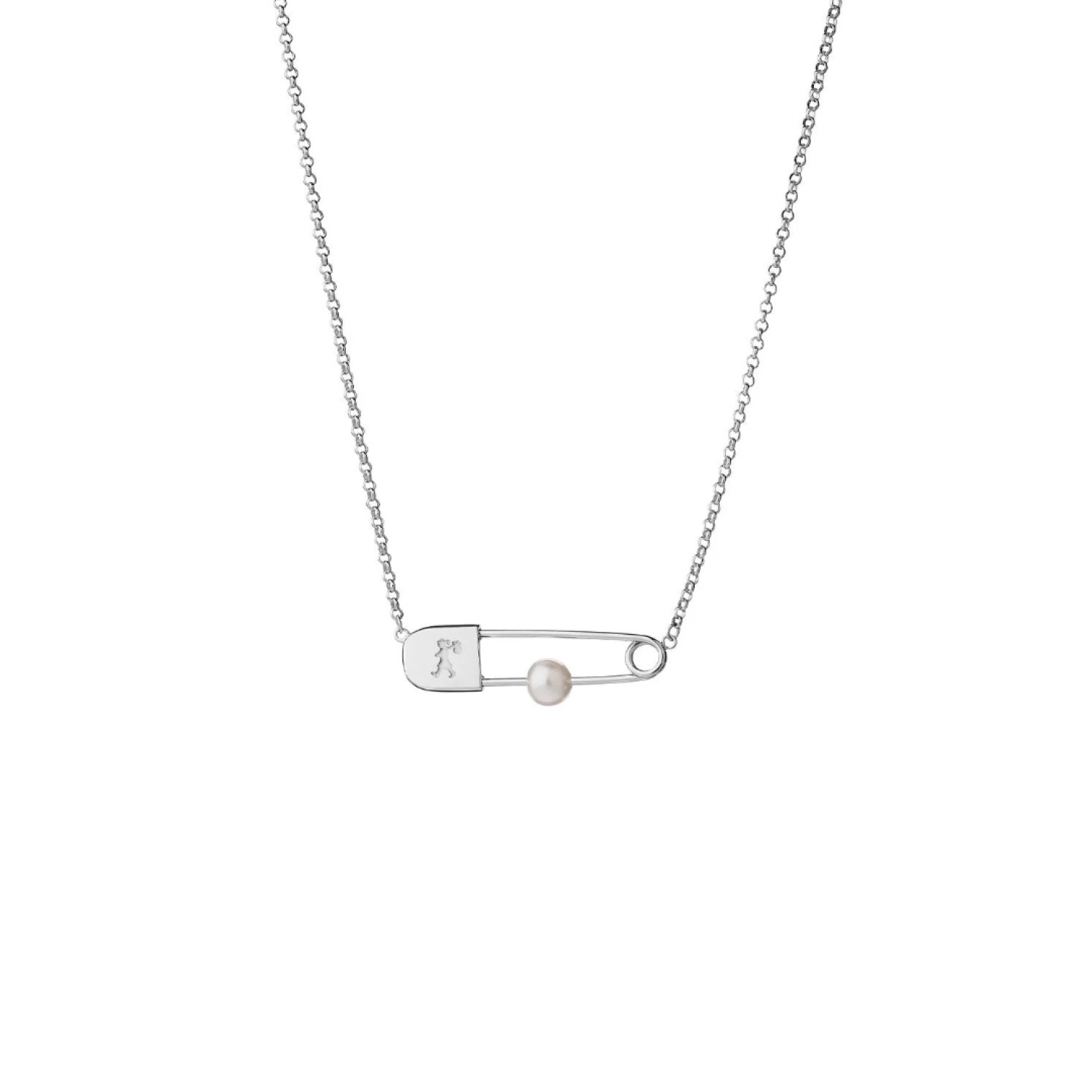 Karen Walker Sterling Silver Runaway Safety Pin Necklace Karen Walker Runaway Safety Pin Necklace in sterling silver with freshwater pearl detail