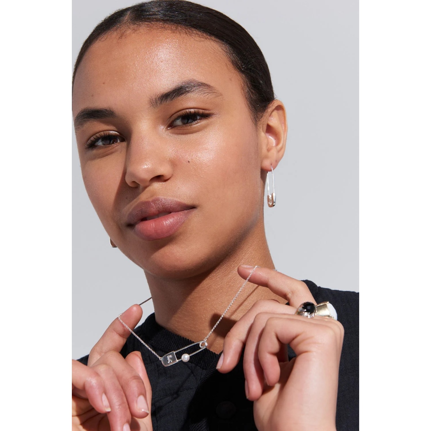 Karen Walker Runaway Safety Pin Necklace in sterling silver with freshwater pearl detail