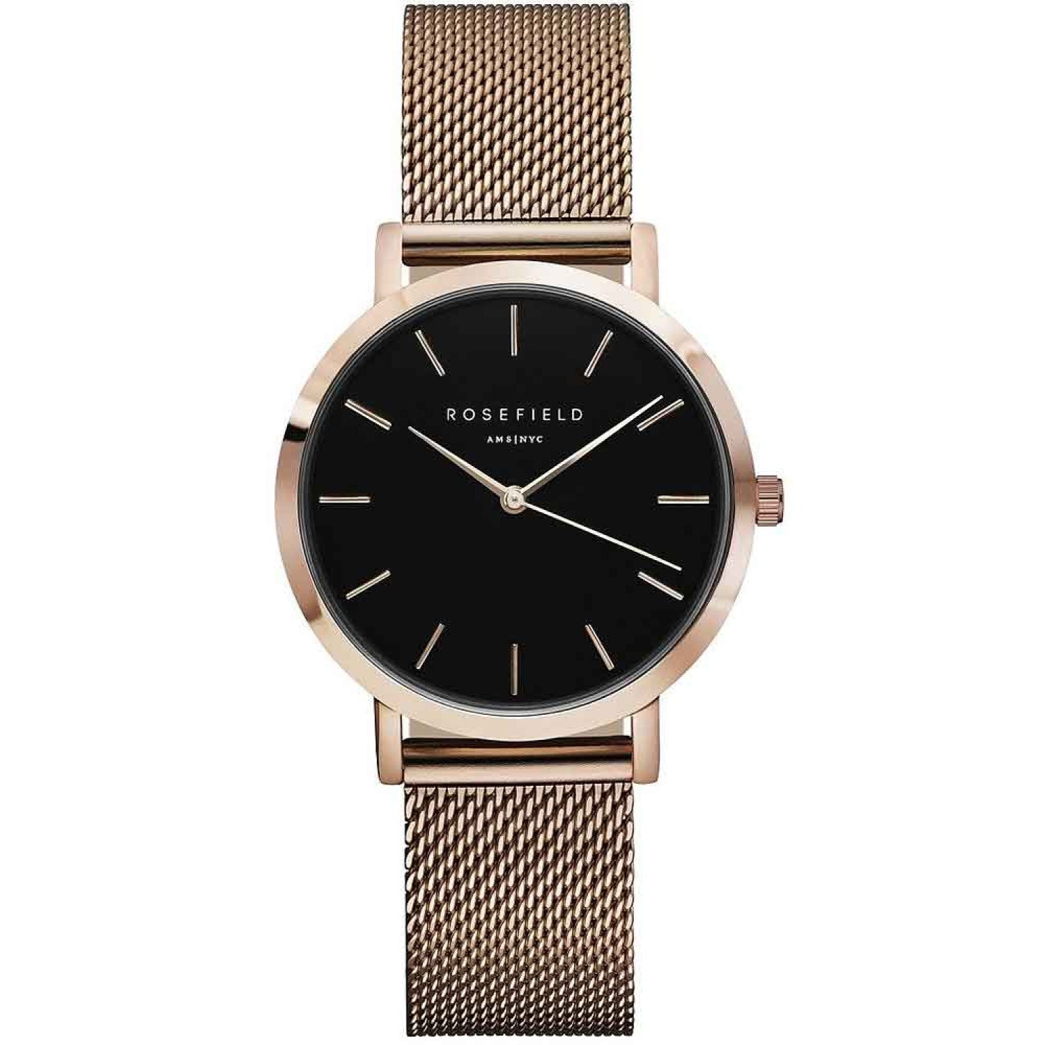 TBR-T59 Rosefield Rose Gold Tribeca Mesh Watch. TRIBECA combines favorites from Rosefields existing three collections into a series of smaller sized watches for the more delicate wrist. With a 33mm watch case & a minimal design, TRIBECA is the ultimat