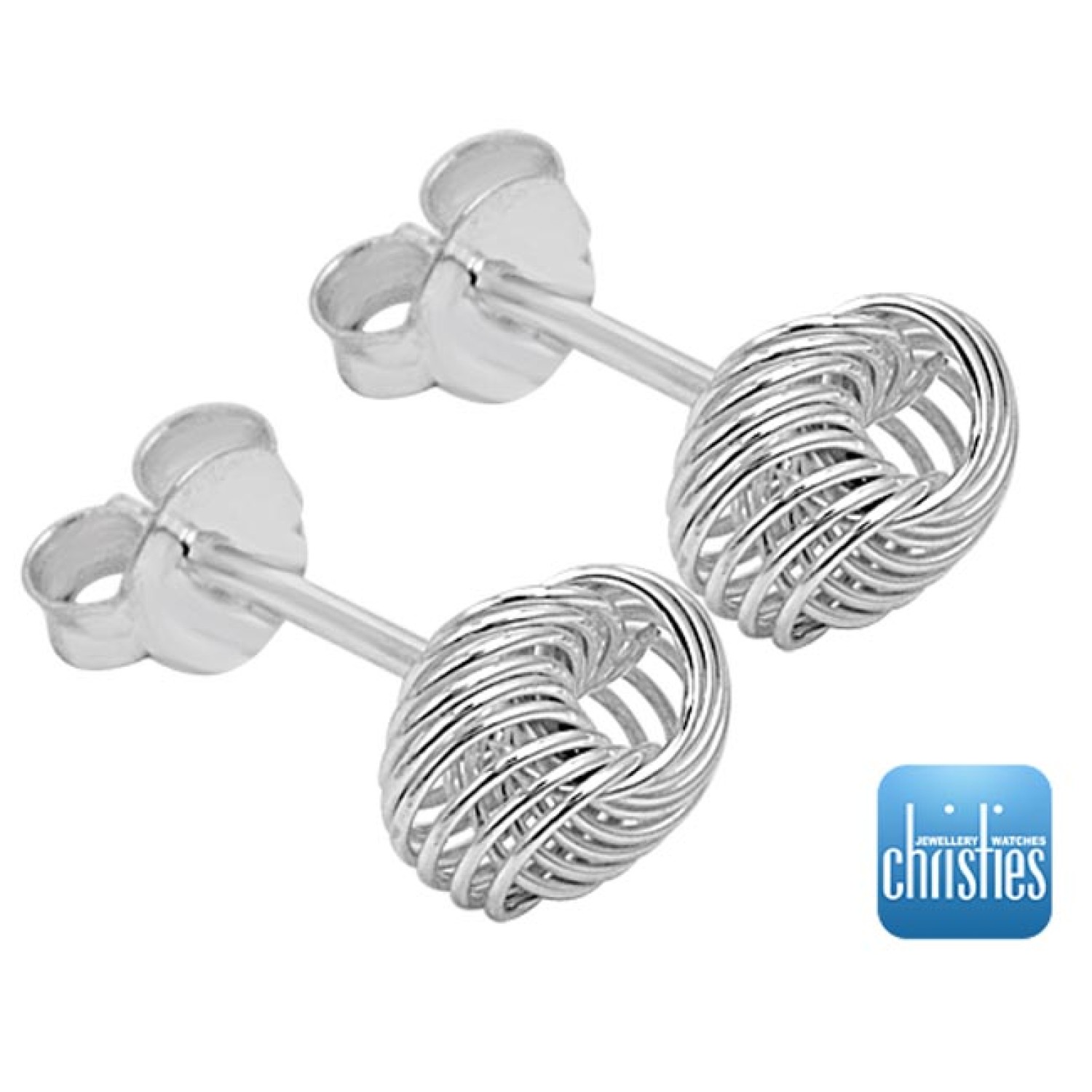 Silver Wool Knot BKKEZK. Crafted in 925 Sterling silver  It is Hypoallergenic - i.e. does not cause allergic reactions The Earrings are  8mm in Diameter Gift Boxed 5 Year Written Guarantee OXIPAY - Have it now and pay @christies.online